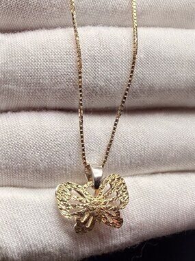 14K Two Tone Gold Butterfly Pendant With 0.8mm Box Chain - 18 inch